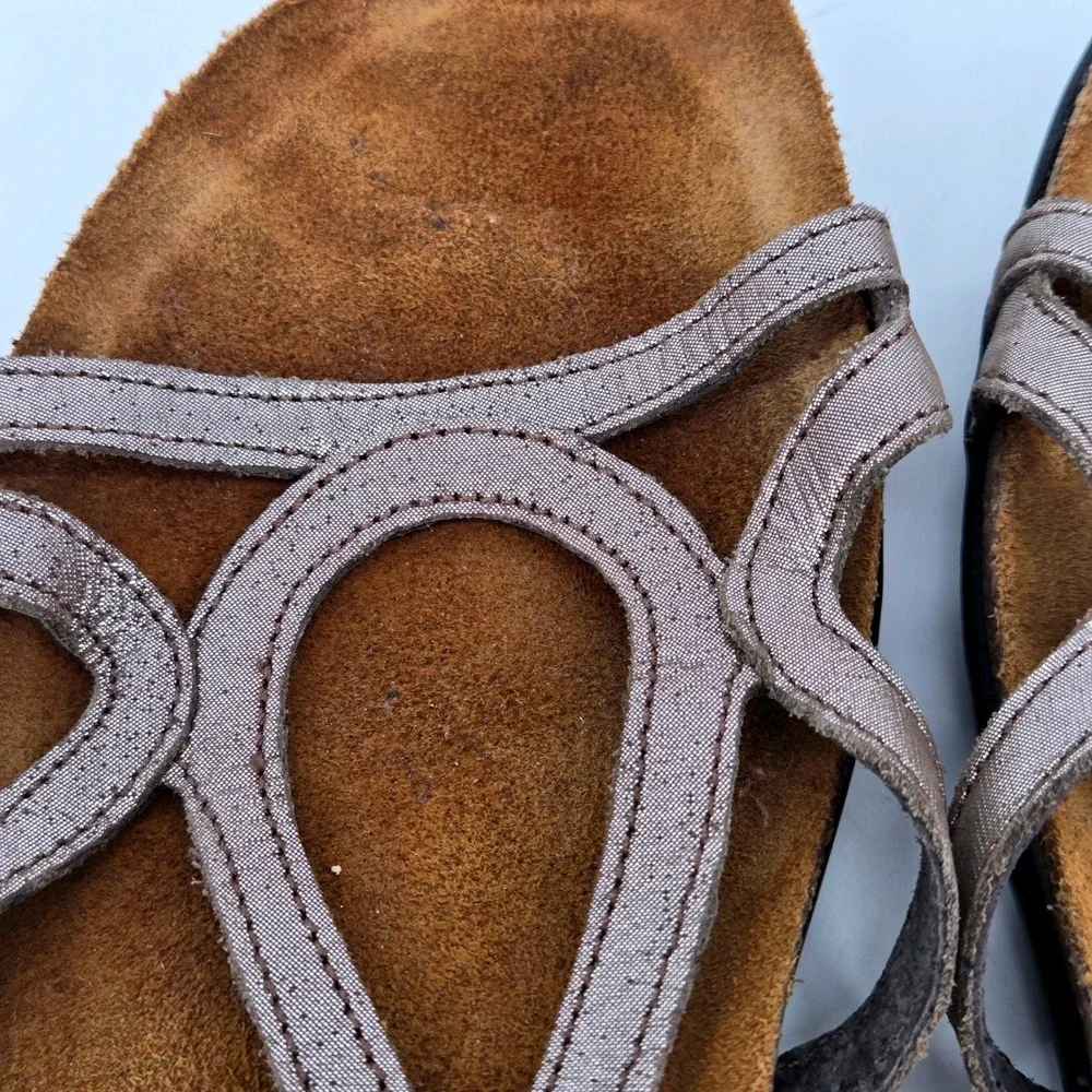 Naot Dorith Strappy Sandal Pewter Metallic Leather Flat Comfort Shoes EU 40 US 9